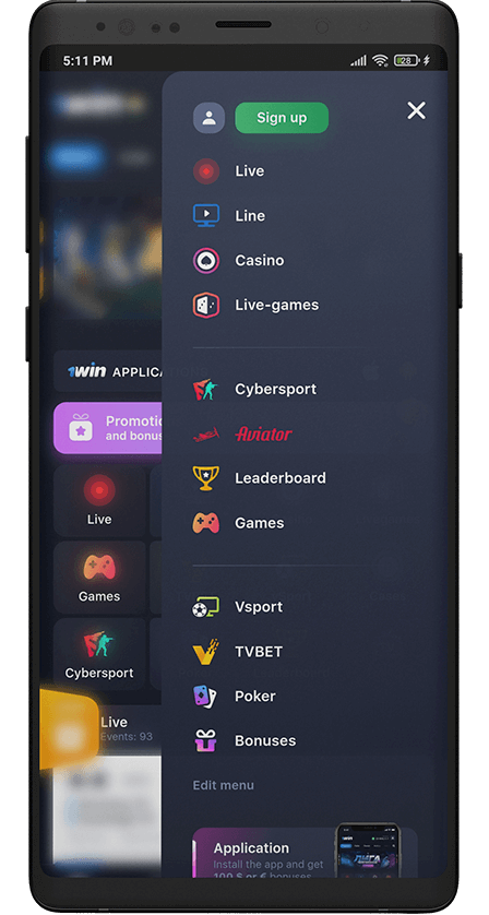1win app. menu