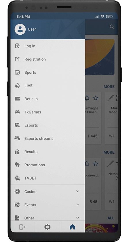 1xbet app. menu