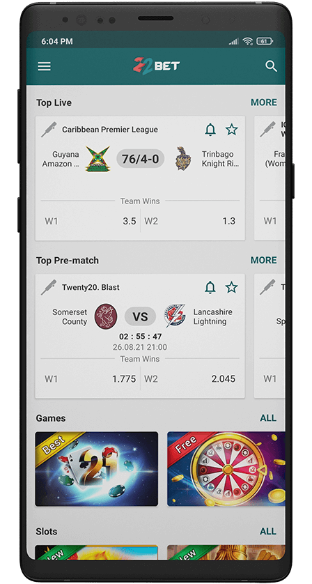 22bet app. main page