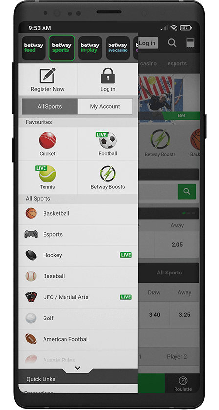 Betway app. Menu
