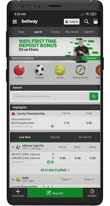 Betway app. Main screen