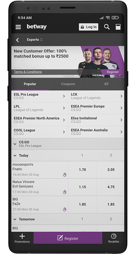 Betway app. esports betting