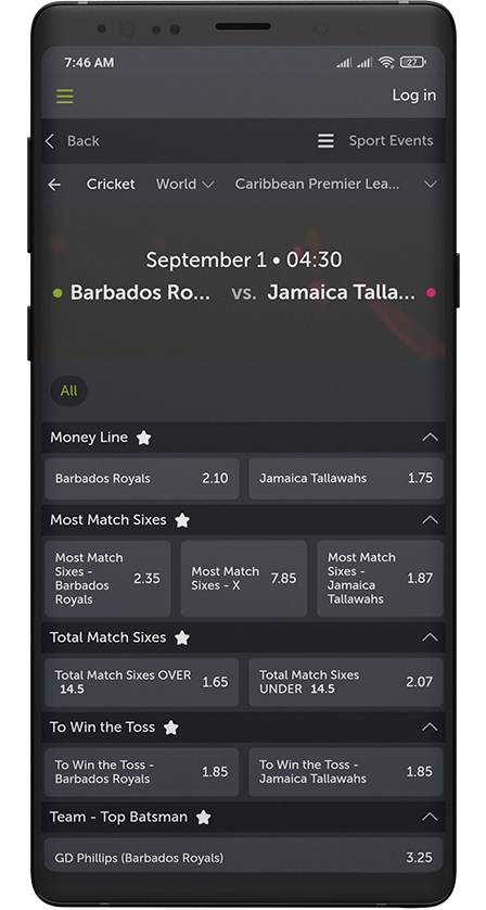 Comeon app. Betting page