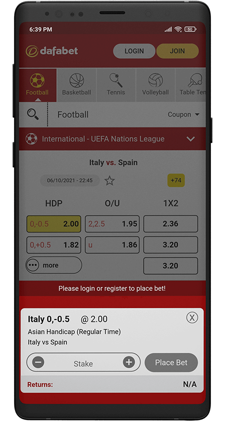 Dafabet app. Betting menu