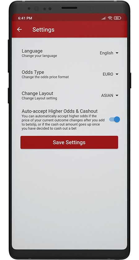Dafabet app. Settings Screen