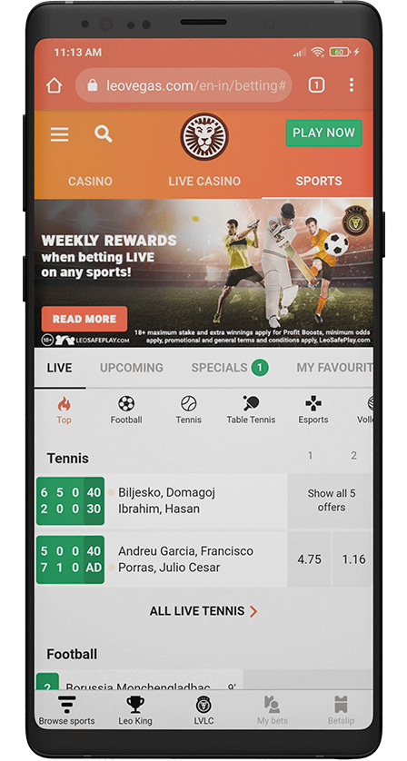 Leovegas app. Main page