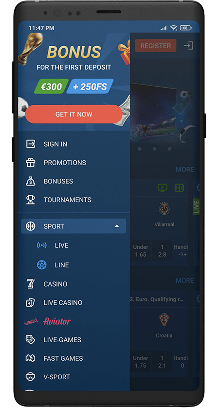 Mostbet app. Menu