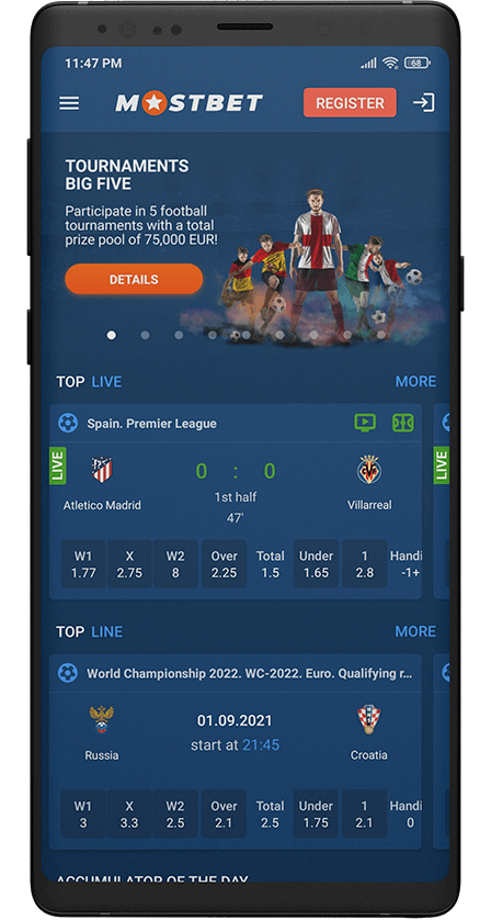 Mostbet app. Main screen