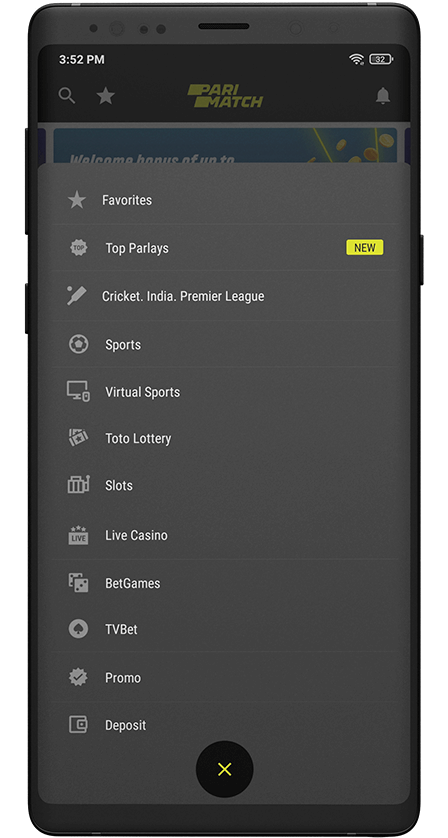Parimatch India App. Menu