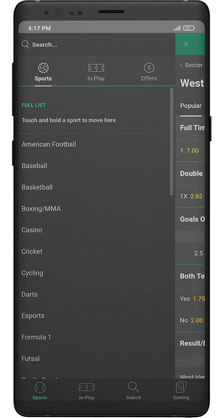 Bet365 app. Menu