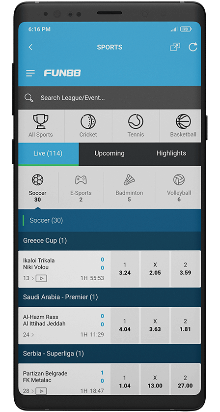 Fun88 app. Betting List
