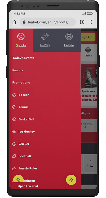 Funbet app. Menu