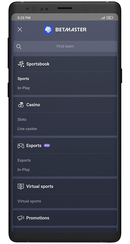 Betmaster app. Menu