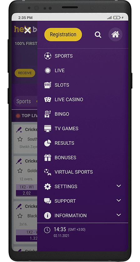 Helabet app. Menu
