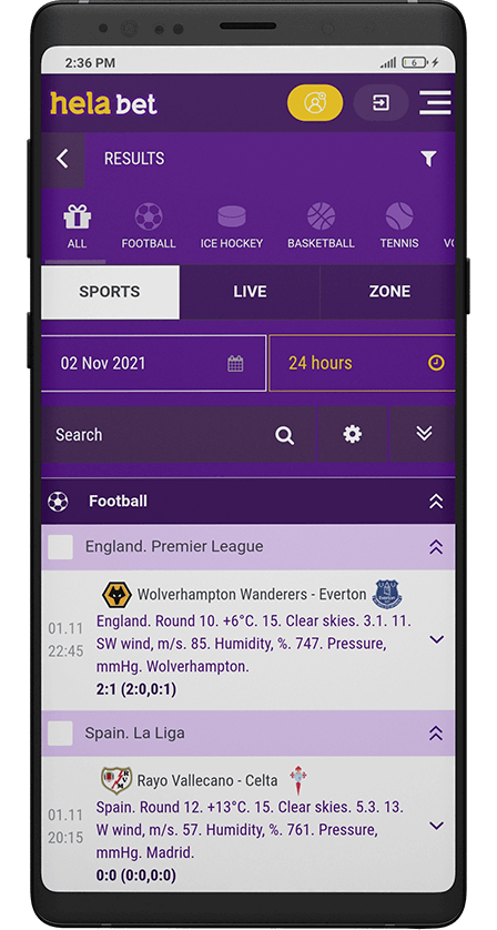Helabet app. Results Page
